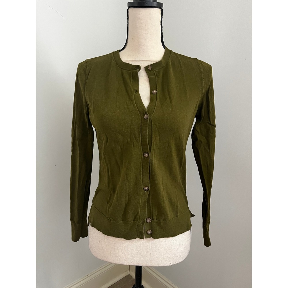 Olive Green Cotton Button Front Cardigan XS Preppy Office Chic Minimalist Earthy